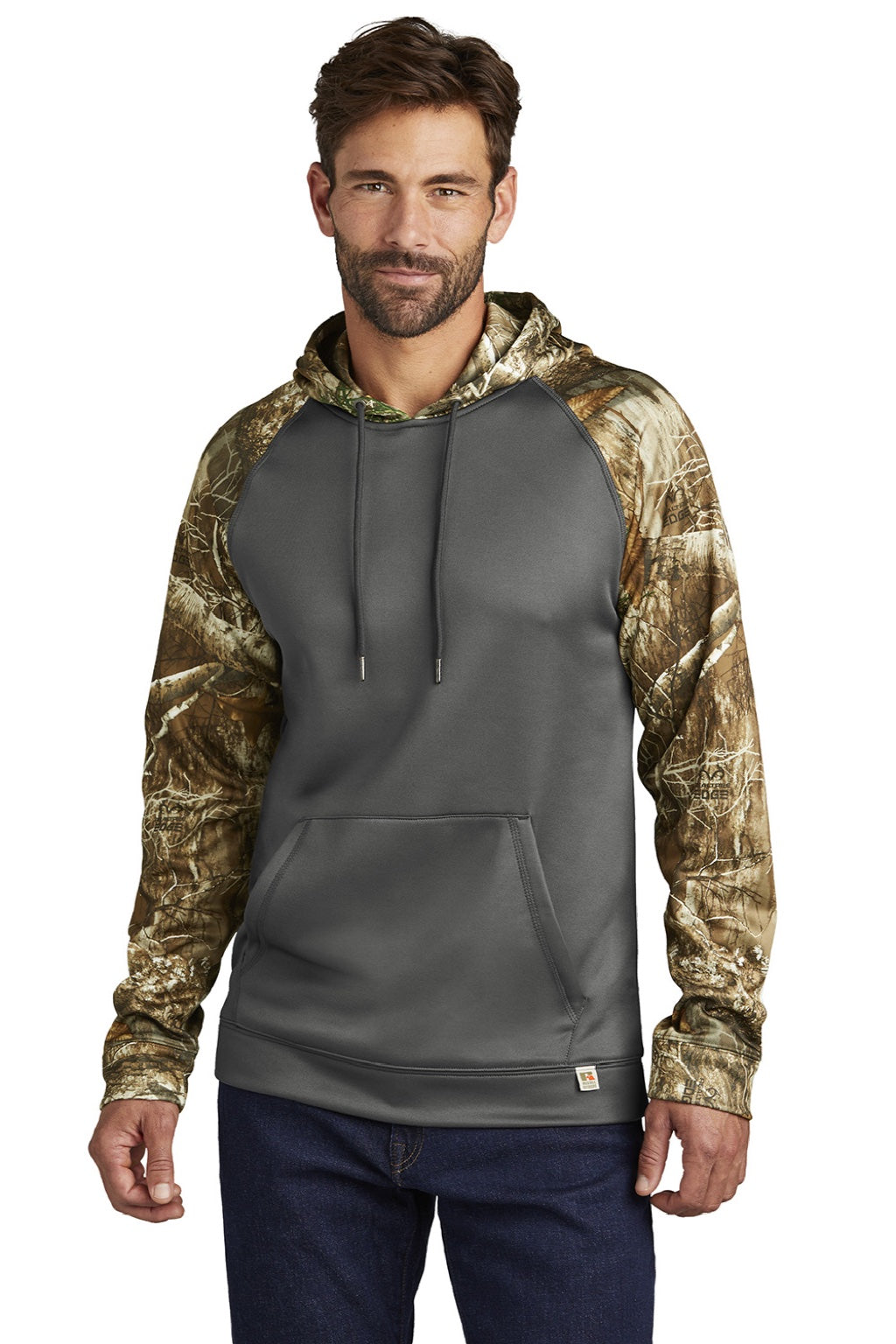 Russell Outdoors RU451 Mens Realtree Colorblock Moisture Wicking Hooded Sweatshirt Hoodie w/ Pouch Pocket Magnet Grey/Realtree Edge Camo Model Front
