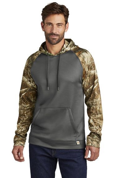 Russell Outdoors RU451 Mens Realtree Colorblock Moisture Wicking Hooded Sweatshirt Hoodie w/ Pouch Pocket Magnet Grey/Realtree Edge Camo Model Front