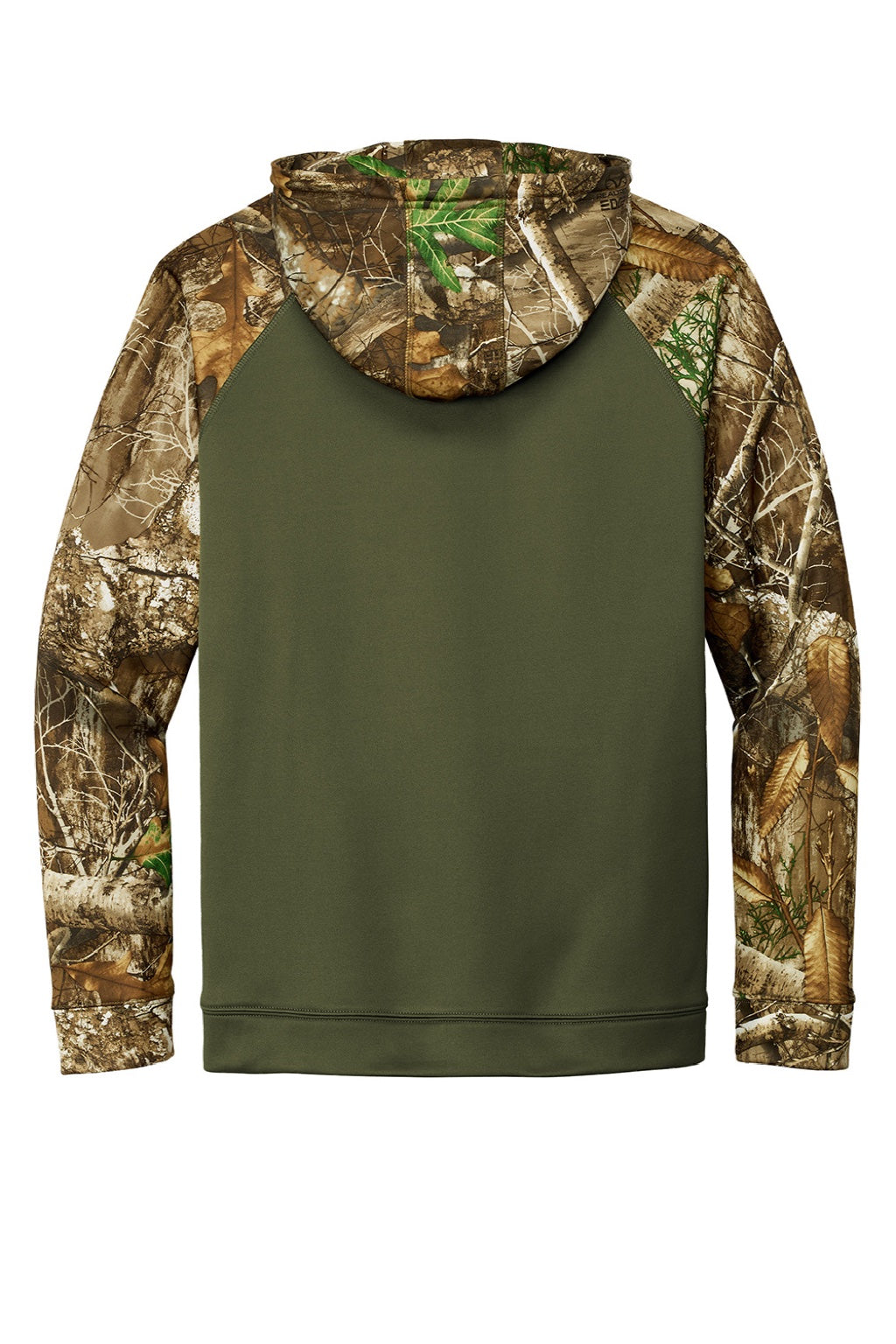 Russell Outdoors RU451 Mens Realtree Colorblock Moisture Wicking Hooded Sweatshirt Hoodie w/ Pouch Pocket Olive Drab Green/Realtree Edge Camo Flat Back