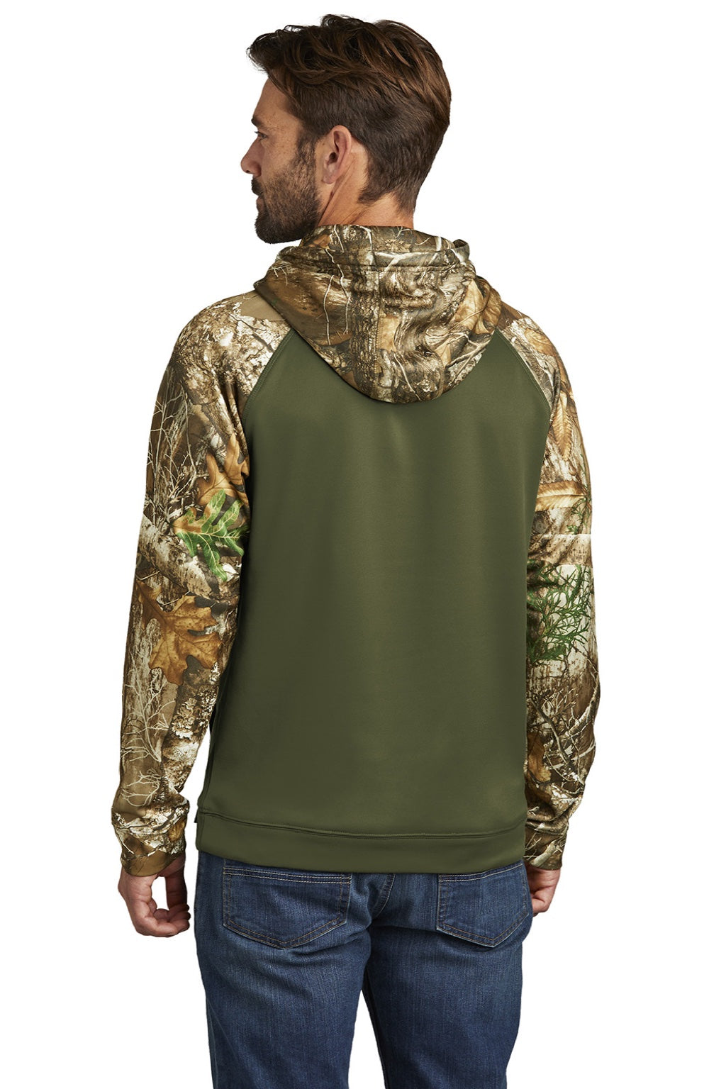 Russell Outdoors RU451 Mens Realtree Colorblock Moisture Wicking Hooded Sweatshirt Hoodie w/ Pouch Pocket Olive Drab Green/Realtree Edge Camo Model Back
