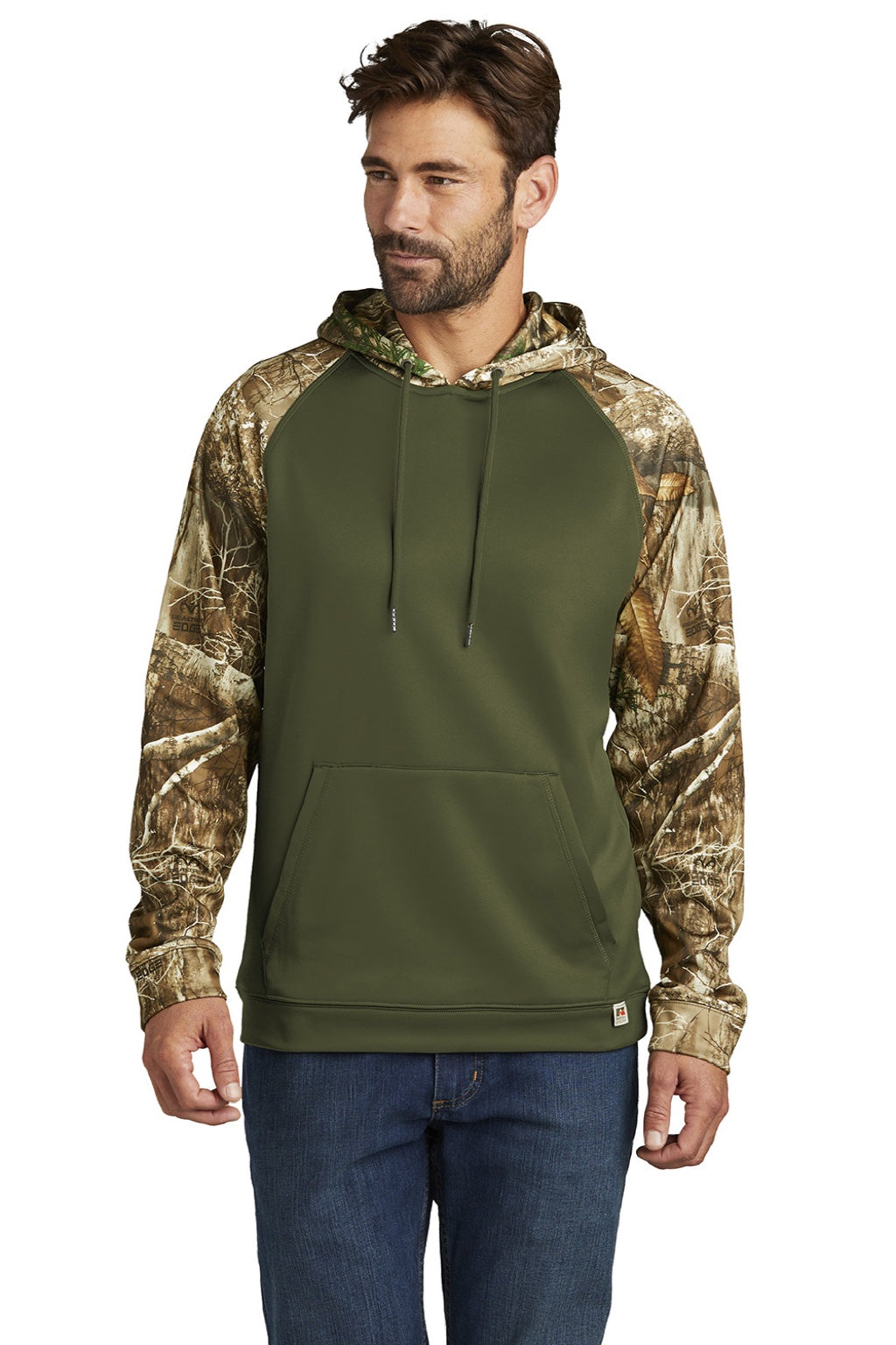 Russell Outdoors RU451 Mens Realtree Colorblock Moisture Wicking Hooded Sweatshirt Hoodie w/ Pouch Pocket Olive Drab Green/Realtree Edge Camo Model Front