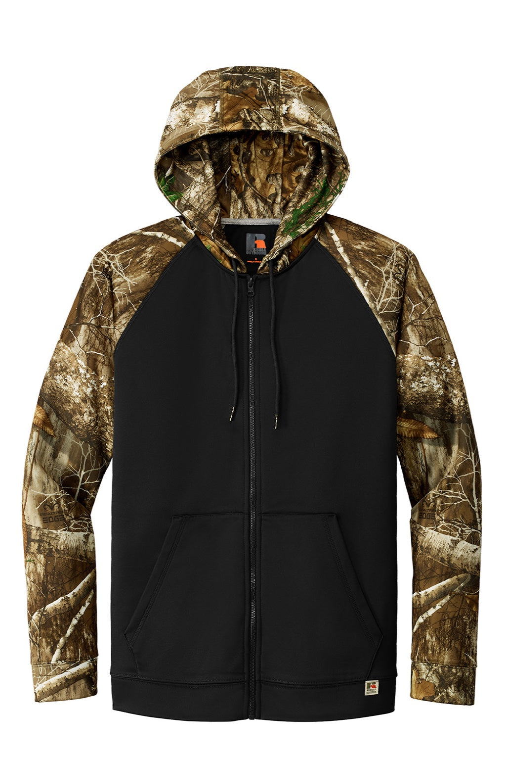 Russell Outdoors RU452 Mens Realtree Colorblock Moisture Wicking Full Zip Hooded Sweatshirt Hoodie w/ Pockets Black/Realtree Edge Camo Flat Front