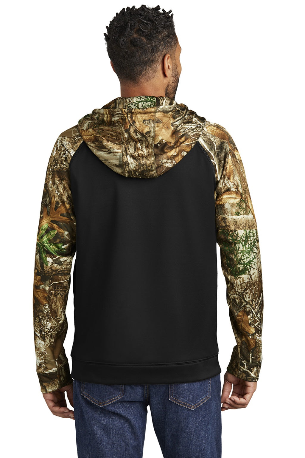 Russell Outdoors RU452 Mens Realtree Colorblock Moisture Wicking Full Zip Hooded Sweatshirt Hoodie w/ Pockets Black/Realtree Edge Camo Model Back