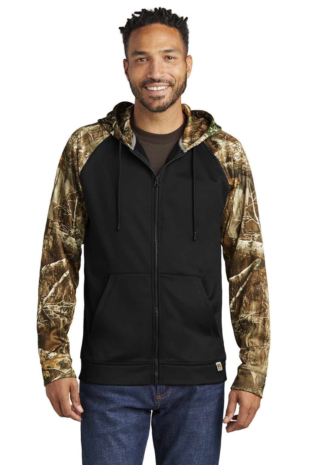 Russell Outdoors RU452 Mens Realtree Colorblock Moisture Wicking Full Zip Hooded Sweatshirt Hoodie w/ Pockets Black/Realtree Edge Camo Model Front