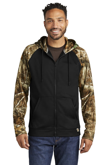 Russell Outdoors RU452 Mens Realtree Colorblock Moisture Wicking Full Zip Hooded Sweatshirt Hoodie w/ Pockets Black/Realtree Edge Camo Model Front