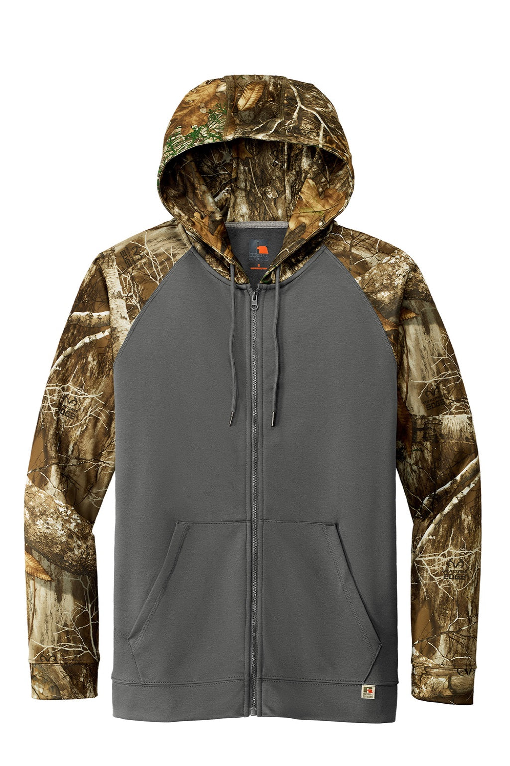 Russell Outdoors RU452 Mens Realtree Colorblock Moisture Wicking Full Zip Hooded Sweatshirt Hoodie w/ Pockets Magnet Grey/Realtree Edge Camo Flat Front