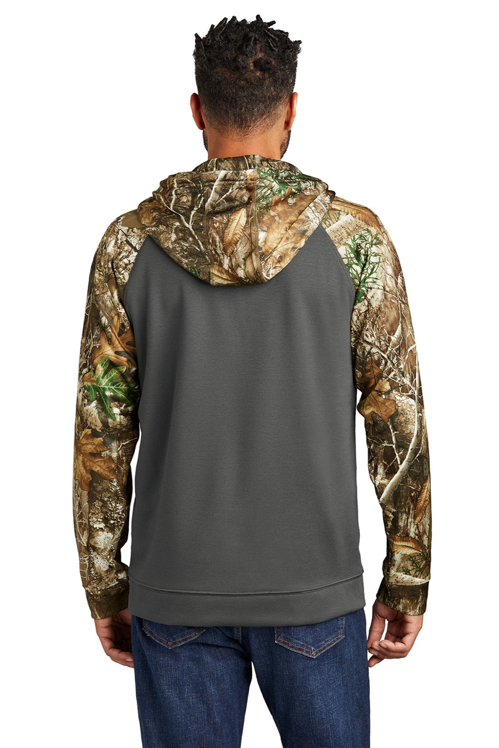 Russell Outdoors RU452 Mens Realtree Colorblock Moisture Wicking Full Zip Hooded Sweatshirt Hoodie w/ Pockets Magnet Grey/Realtree Edge Camo Model Back