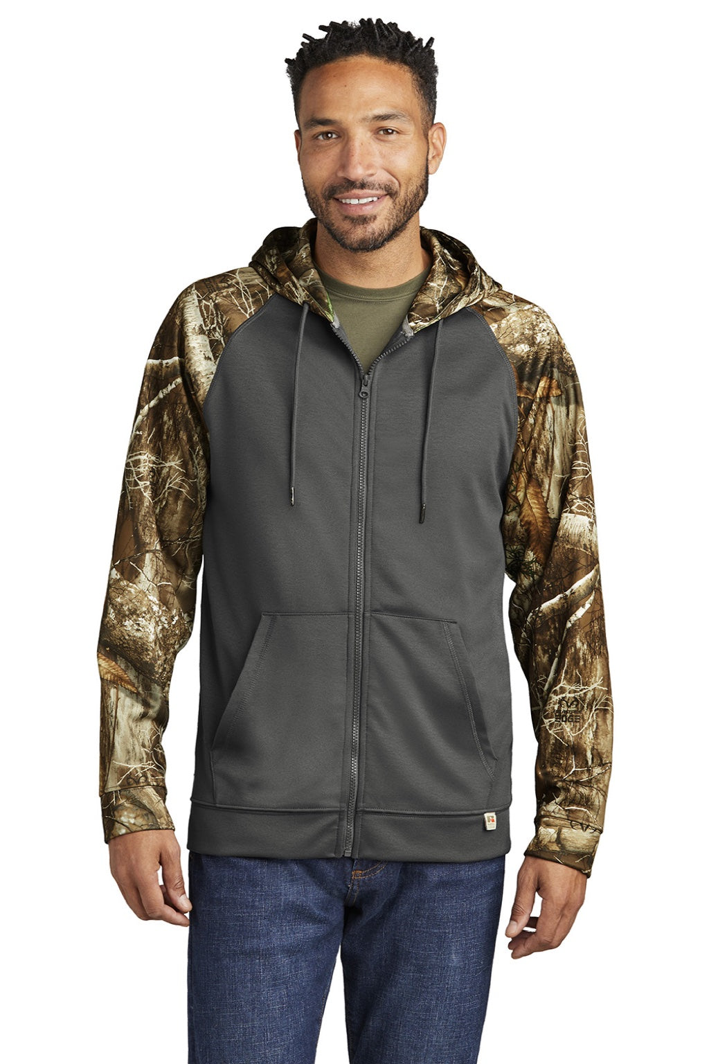 Russell Outdoors RU452 Mens Realtree Colorblock Moisture Wicking Full Zip Hooded Sweatshirt Hoodie w/ Pockets Magnet Grey/Realtree Edge Camo Model Front
