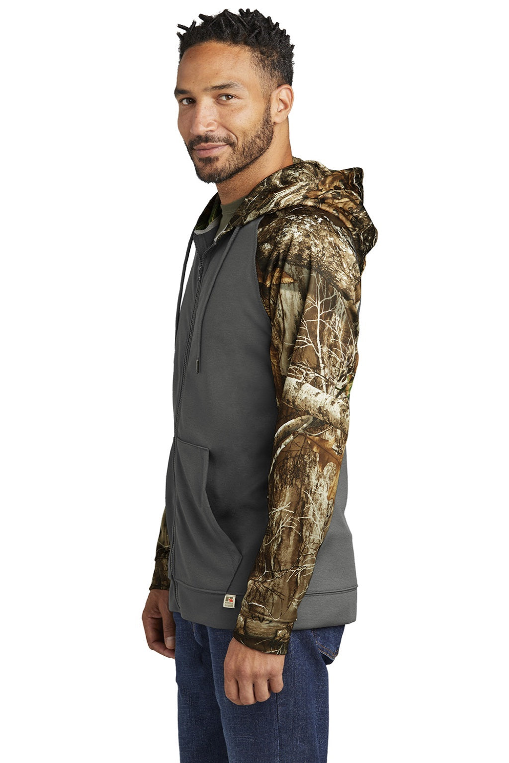 Russell Outdoors RU452 Mens Realtree Colorblock Moisture Wicking Full Zip Hooded Sweatshirt Hoodie w/ Pockets Magnet Grey/Realtree Edge Camo Model Side