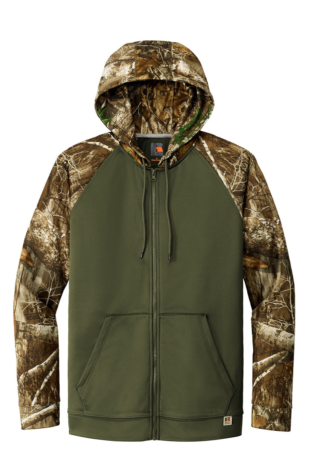Russell Outdoors RU452 Mens Realtree Colorblock Moisture Wicking Full Zip Hooded Sweatshirt Hoodie w/ Pockets Olive Drab Green/Realtree Edge Camo Flat Front