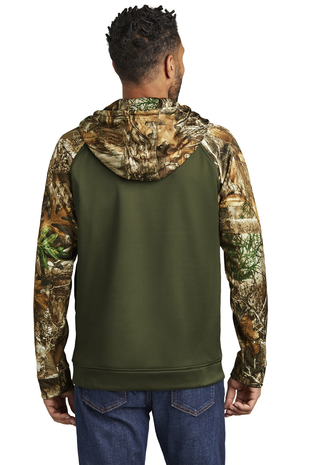 Russell Outdoors RU452 Mens Realtree Colorblock Moisture Wicking Full Zip Hooded Sweatshirt Hoodie w/ Pockets Olive Drab Green/Realtree Edge Camo Model Back