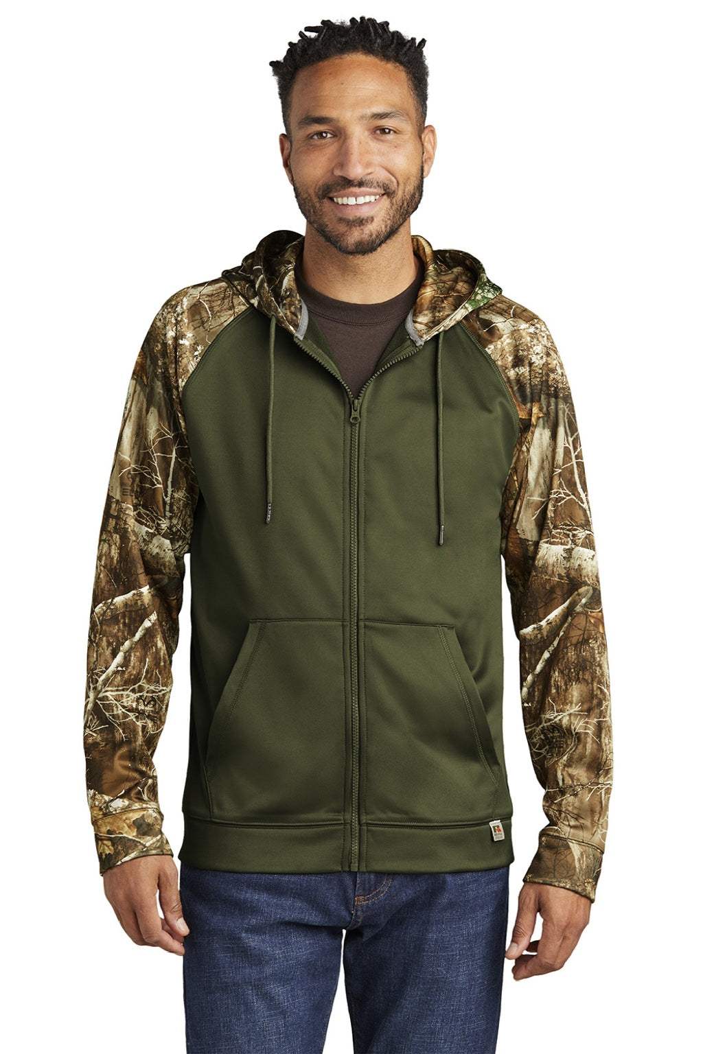 Russell Outdoors RU452 Mens Realtree Colorblock Moisture Wicking Full Zip Hooded Sweatshirt Hoodie w/ Pockets Olive Drab Green/Realtree Edge Camo Model Front