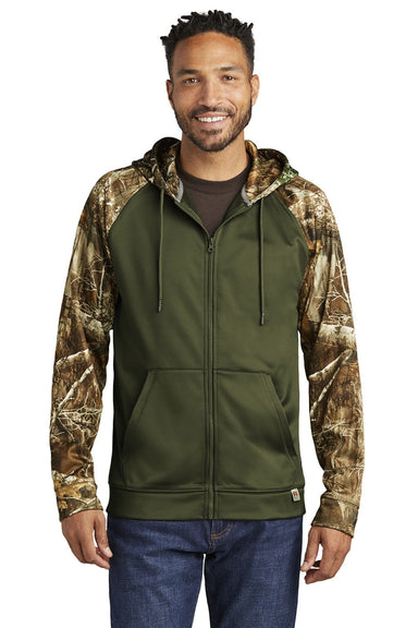 Russell Outdoors RU452 Mens Realtree Colorblock Moisture Wicking Full Zip Hooded Sweatshirt Hoodie w/ Pockets Olive Drab Green/Realtree Edge Camo Model Front
