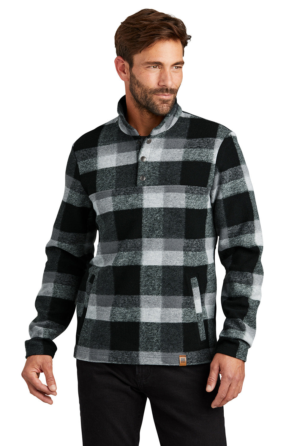 Russell Outdoors RU551 Mens Basin 1/4 Snap Jacket Deep Black Plaid Model Front