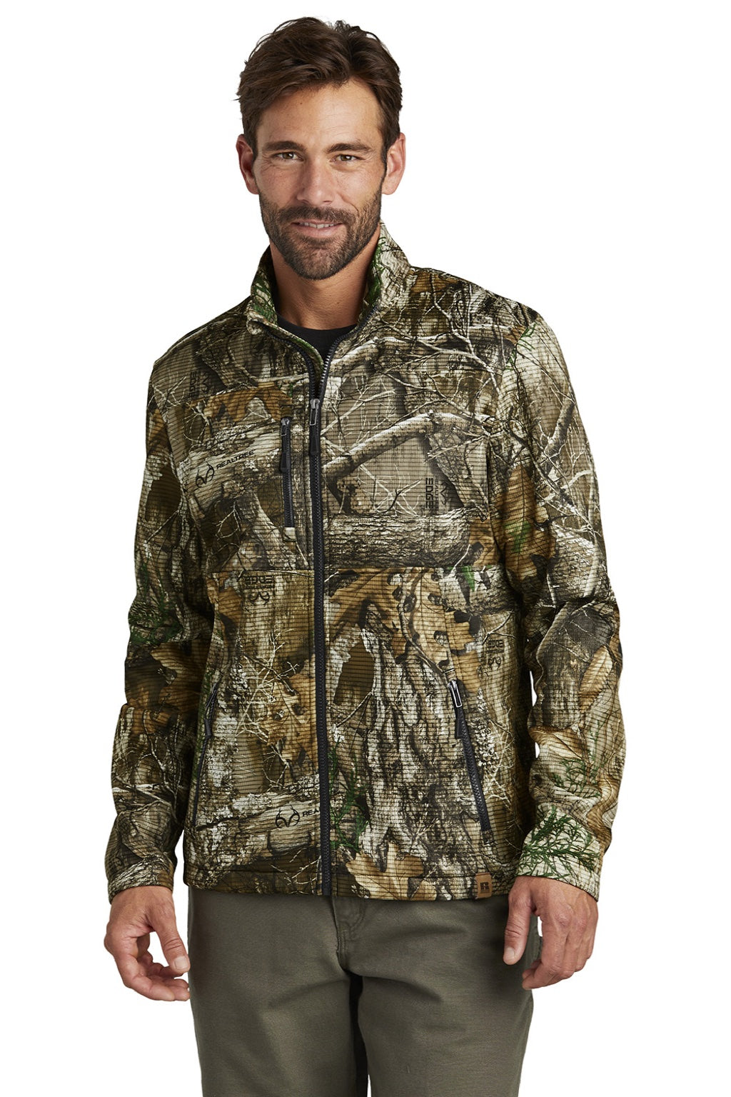 Russell Outdoors RU600 Mens Realtree Atlas Water Resistant Full Zip Soft Shell Jacket Realtree Edge Camo Model Front