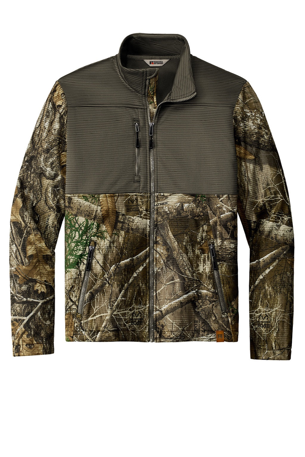 Russell Outdoors RU601 Mens Realtree Atlas Water Resistant Colorblock Full Zip Soft Shell Jacket Cargo Brown/Realtree Edge Camo Flat Front