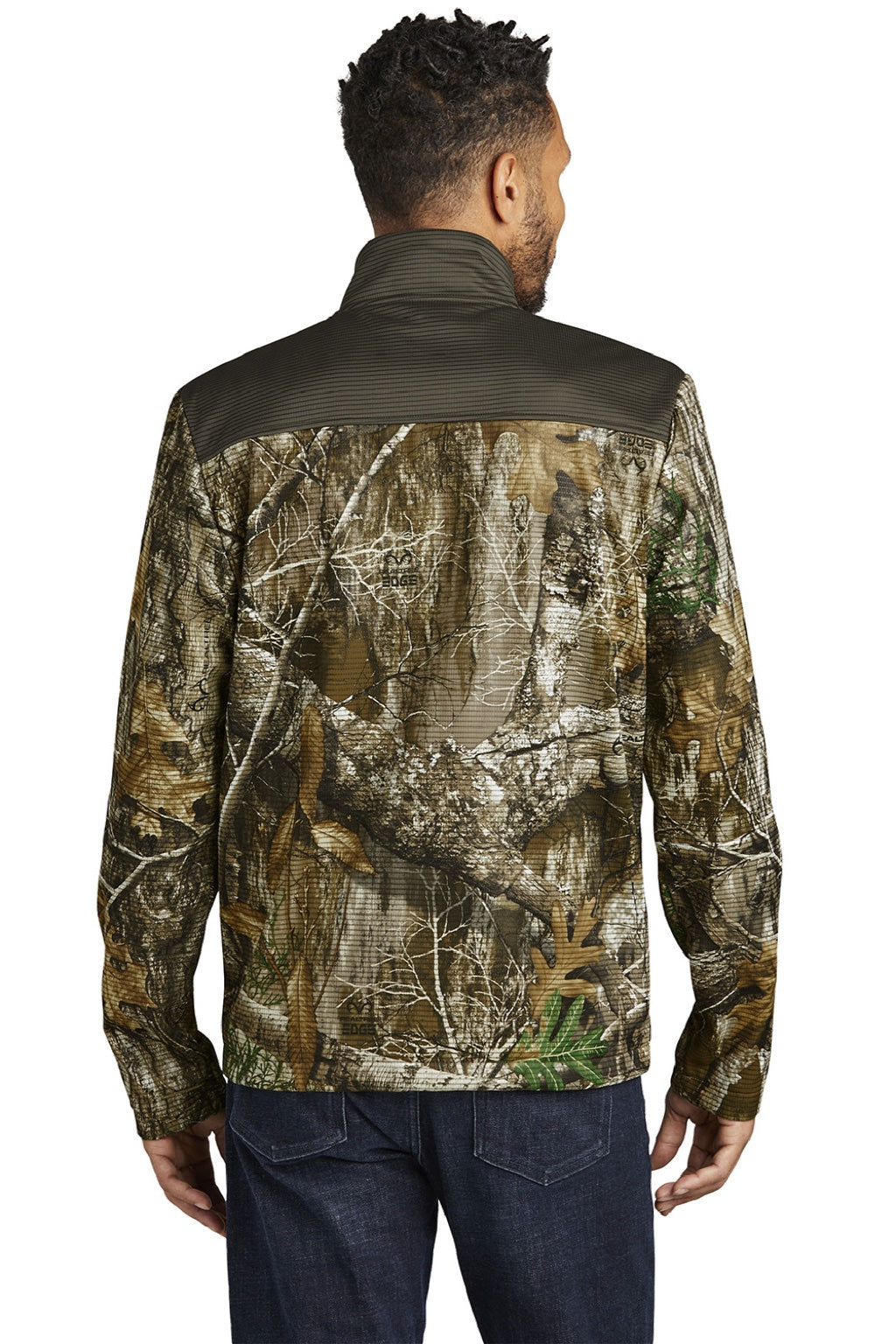 Russell Outdoors RU601 Mens Realtree Atlas Water Resistant Colorblock Full Zip Soft Shell Jacket Cargo Brown/Realtree Edge Camo Model Back
