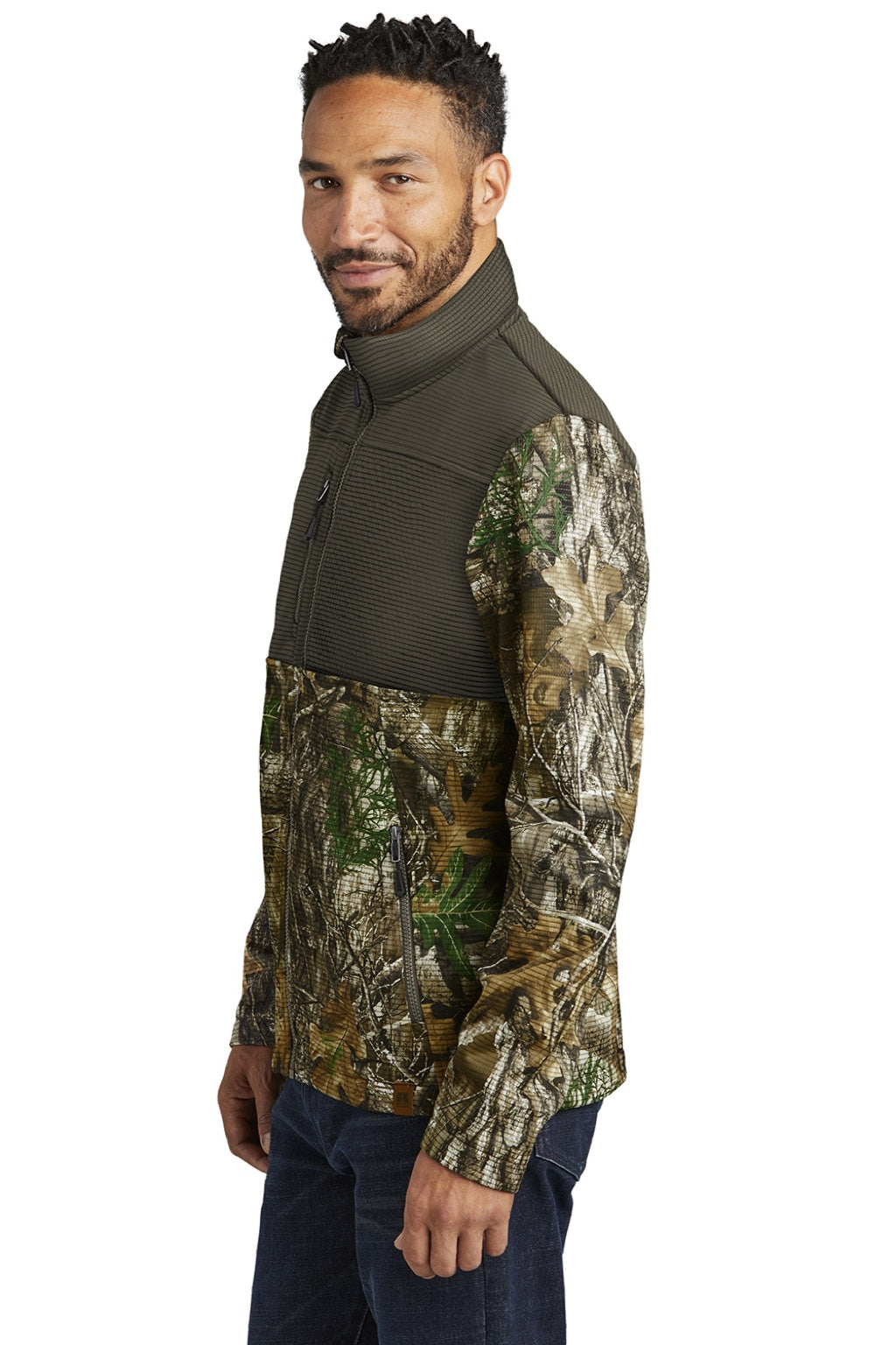 Russell Outdoors RU601 Mens Realtree Atlas Water Resistant Colorblock Full Zip Soft Shell Jacket Cargo Brown/Realtree Edge Camo Model Side