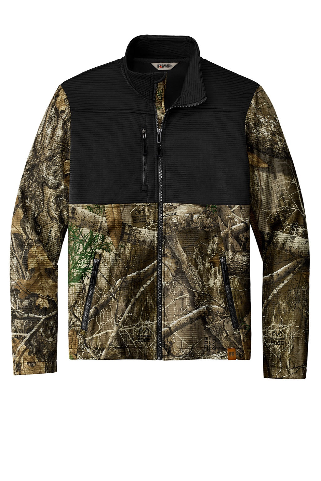 Russell Outdoors RU601 Mens Realtree Atlas Water Resistant Colorblock Full Zip Soft Shell Jacket Deep Black/Realtree Edge Camo Flat Front