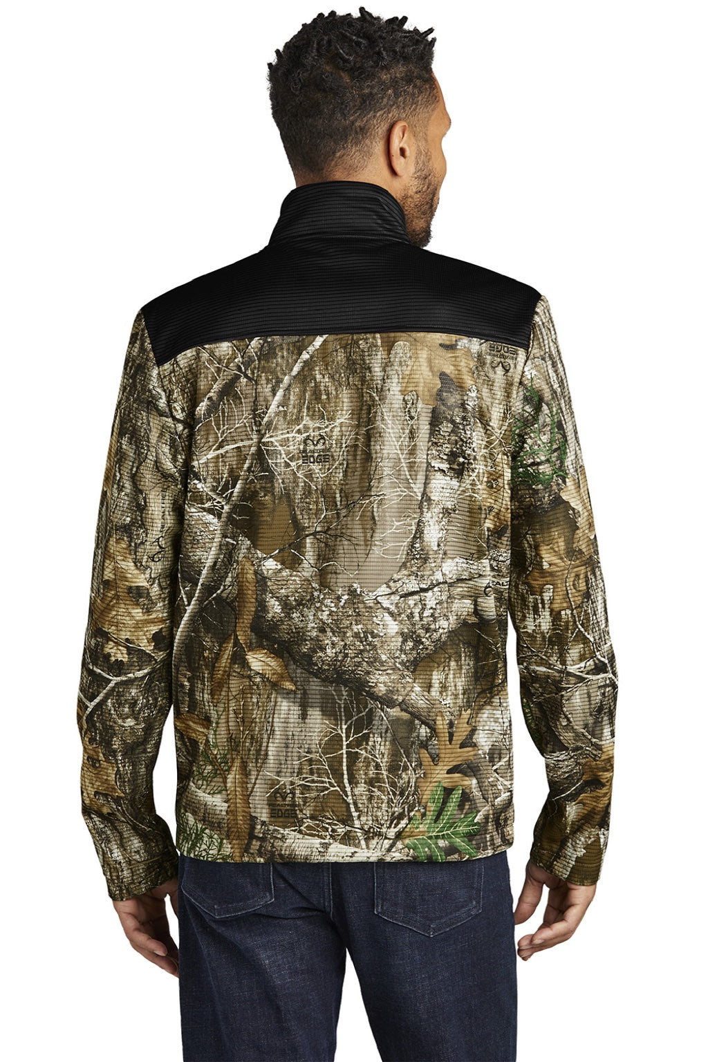 Russell Outdoors RU601 Mens Realtree Atlas Water Resistant Colorblock Full Zip Soft Shell Jacket Deep Black/Realtree Edge Camo Model Back