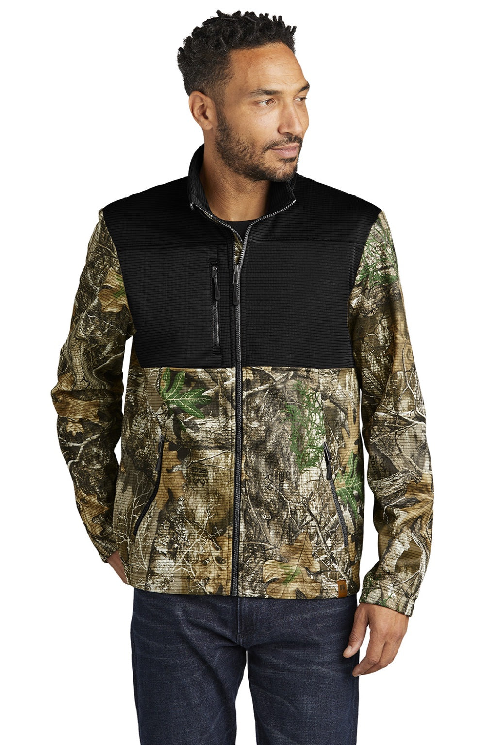 Russell Outdoors RU601 Mens Realtree Atlas Water Resistant Colorblock Full Zip Soft Shell Jacket Deep Black/Realtree Edge Camo Model Front