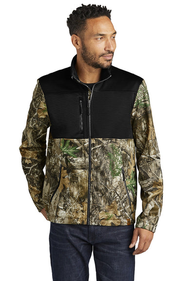 Russell Outdoors RU601 Mens Realtree Atlas Water Resistant Colorblock Full Zip Soft Shell Jacket Deep Black/Realtree Edge Camo Model Front