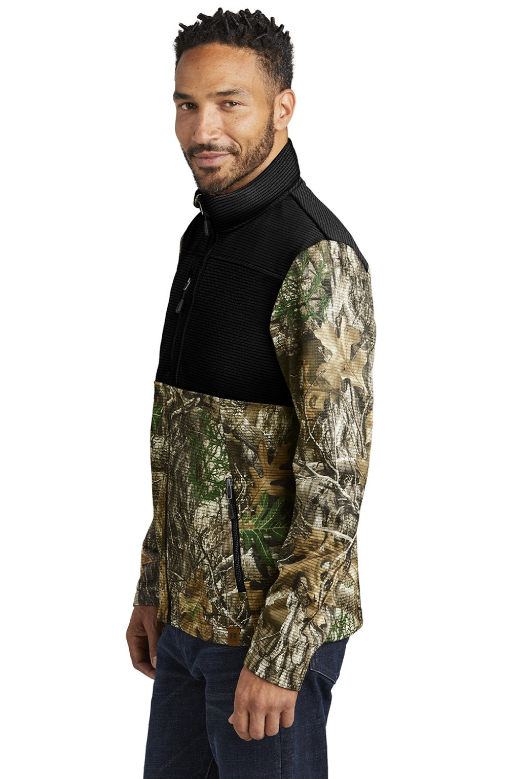 Russell Outdoors RU601 Mens Realtree Atlas Water Resistant Colorblock Full Zip Soft Shell Jacket Deep Black/Realtree Edge Camo Model Side
