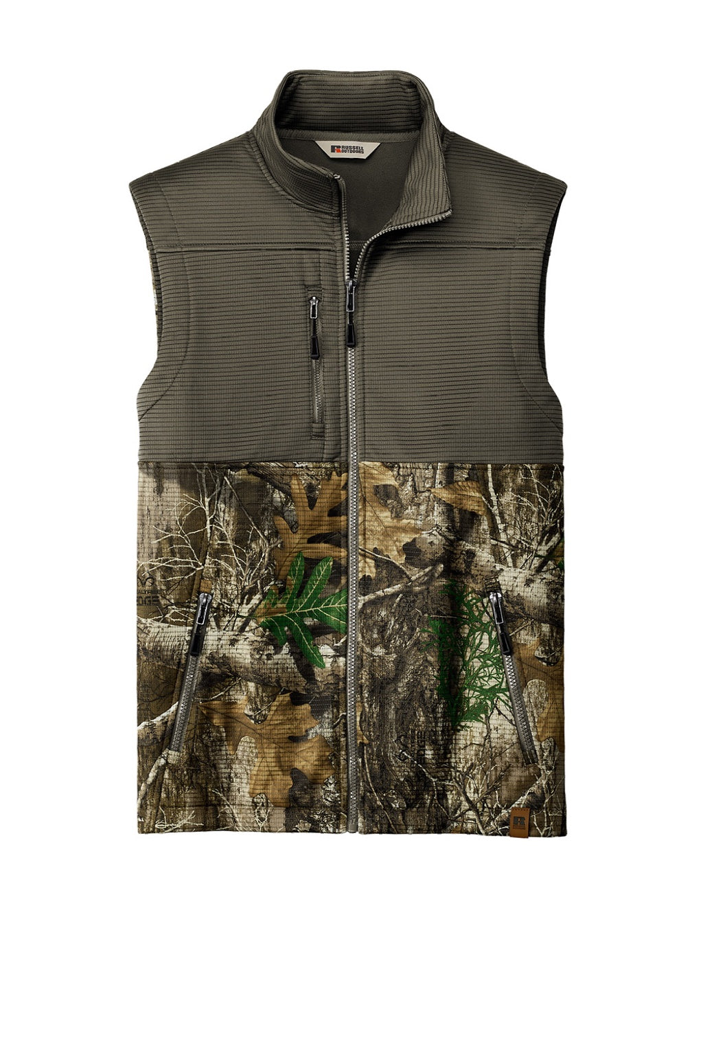 Russell Outdoors RU604 Mens Realtree Atlas Water Resistant Colorblock Full Zip Soft Shell Vest Cargo Brown/Realtree Edge Camo Flat Front