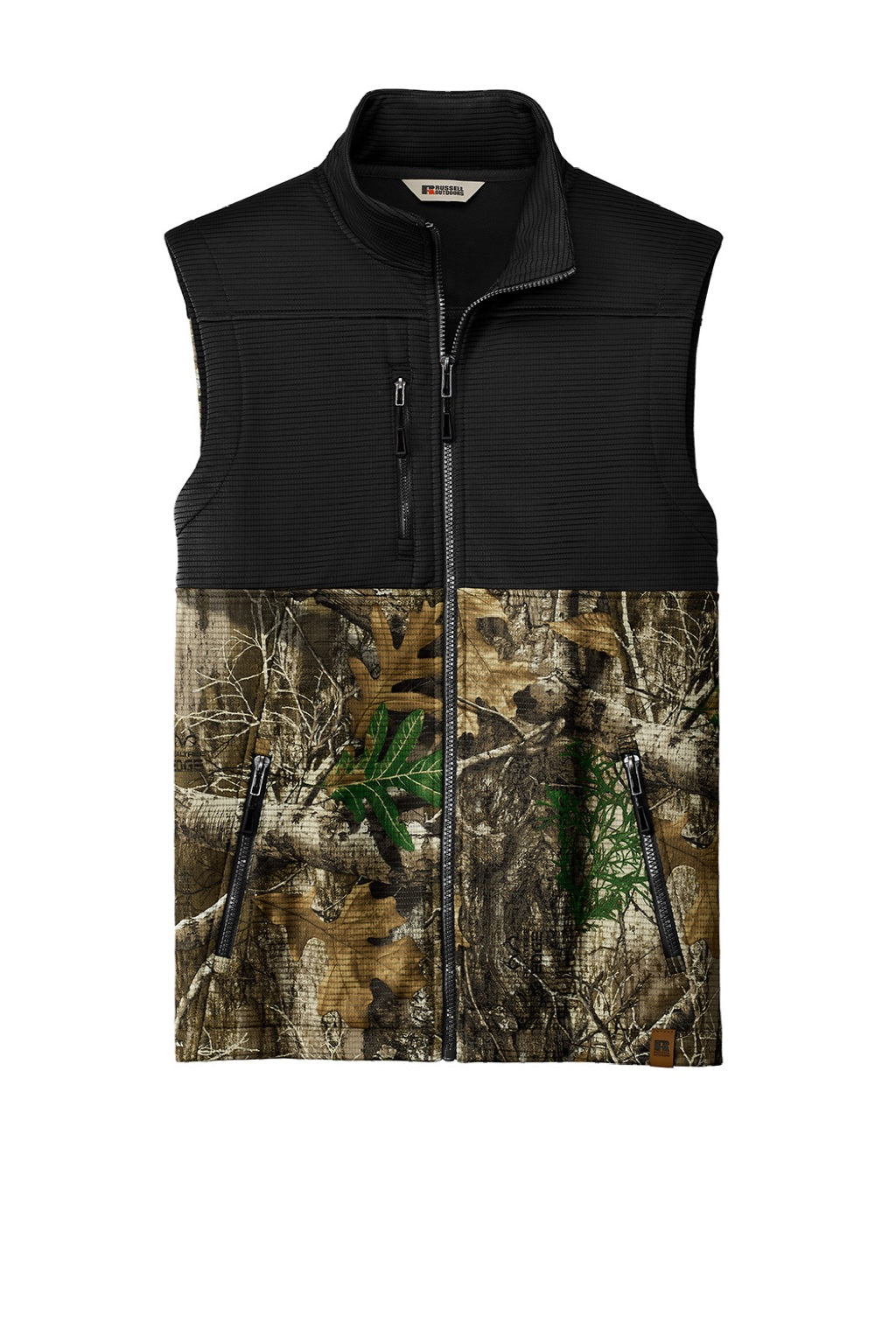 Russell Outdoors RU604 Mens Realtree Atlas Water Resistant Colorblock Full Zip Soft Shell Vest Deep Black/Realtree Edge Camo Flat Front