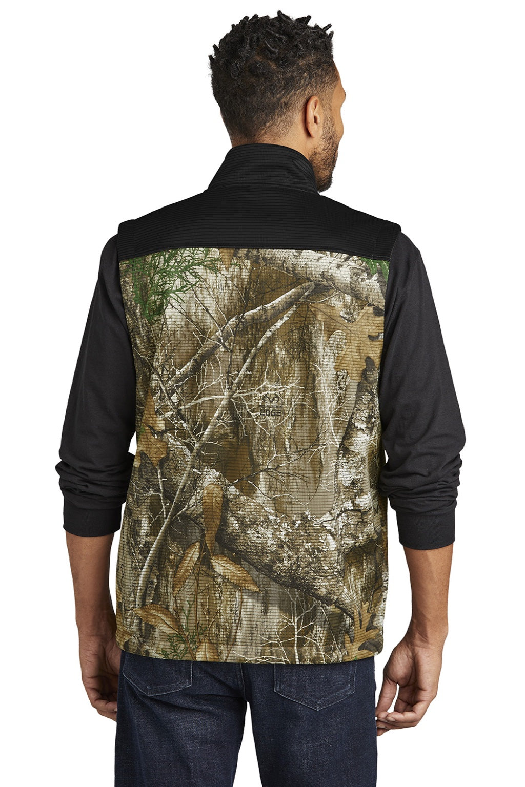 Russell Outdoors RU604 Mens Realtree Atlas Water Resistant Colorblock Full Zip Soft Shell Vest Deep Black/Realtree Edge Camo Model Back