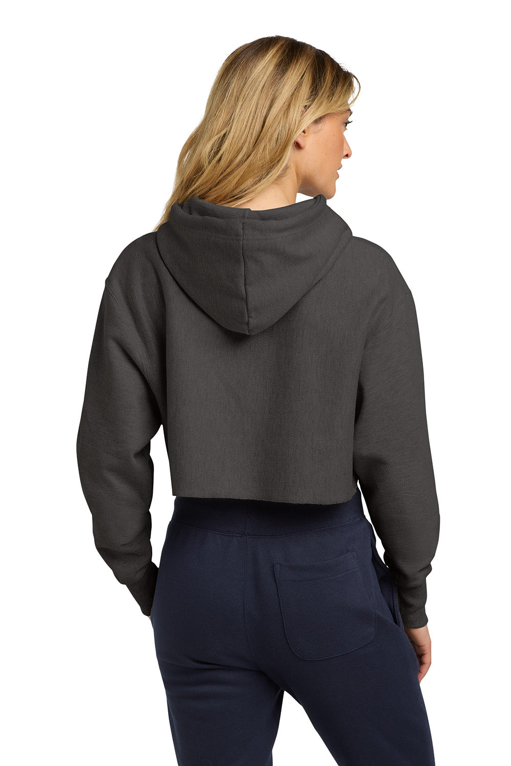 Champion RW01W Womens Reverse Weave Cropped Cut Off Hooded Sweatshirt Hoodie Heather Charcoal Grey Model Back