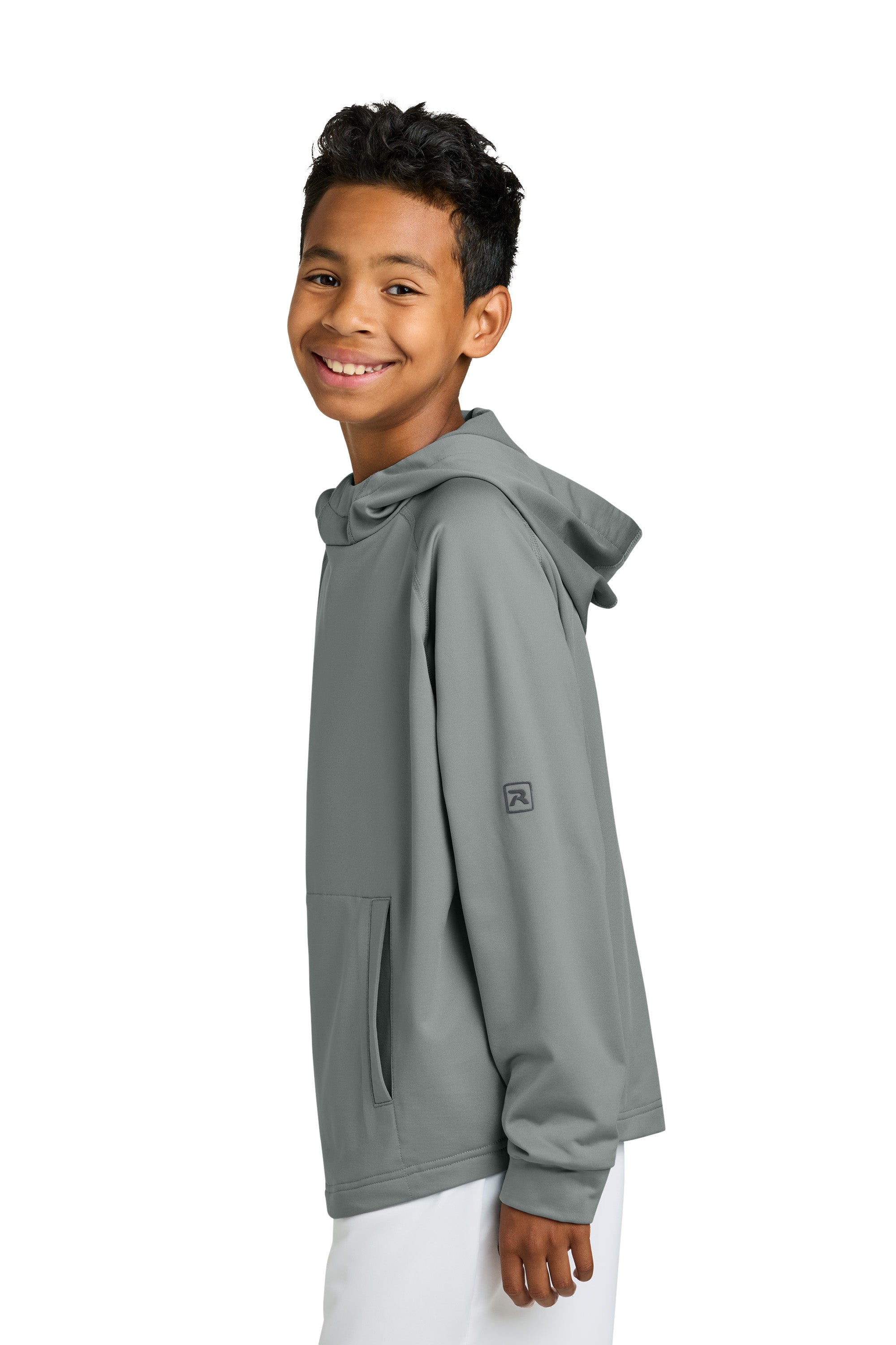 Richardson RY7200LSH Youth Charge Performance Fleece Hooded Sweatshirt Hoodie w/ Pouch Pocket Grey Model Side