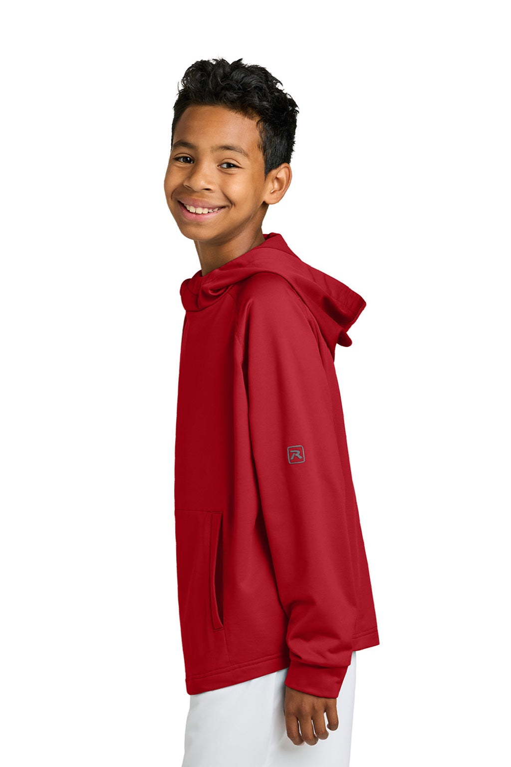 Richardson RY7200LSH Youth Charge Performance Fleece Hooded Sweatshirt Hoodie w/ Pouch Pocket Red Model Side
