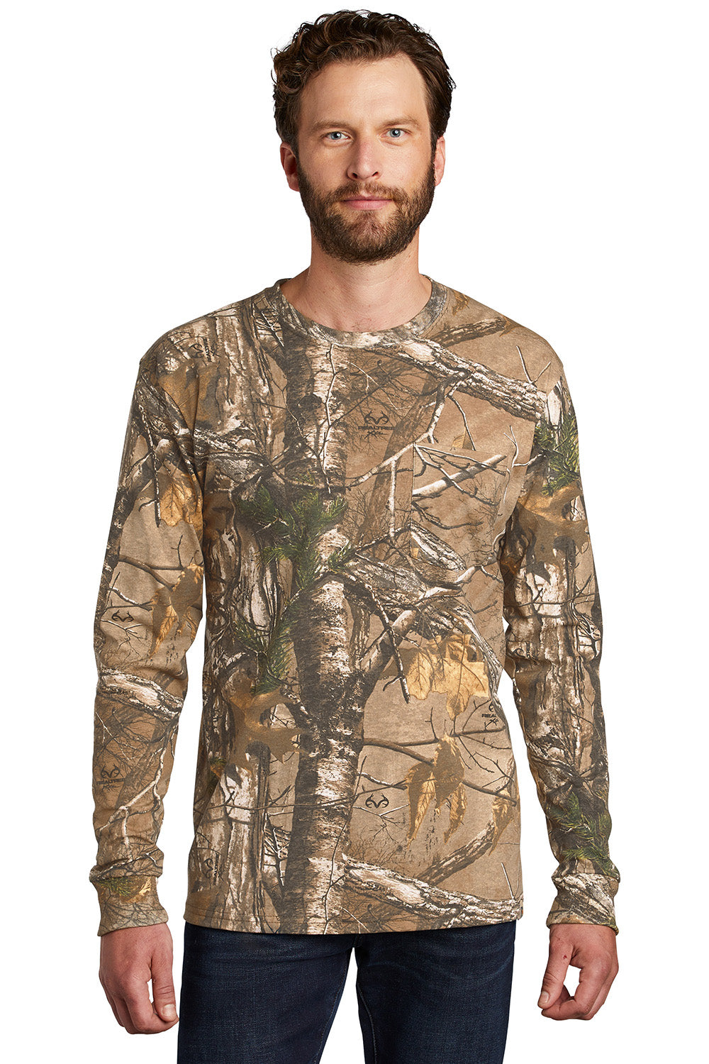 Russell Outdoors S020R Mens Realtree Explorer Long Sleeve Crewneck T-Shirt w/ Pocket Realtree Xtra Camo Model Front