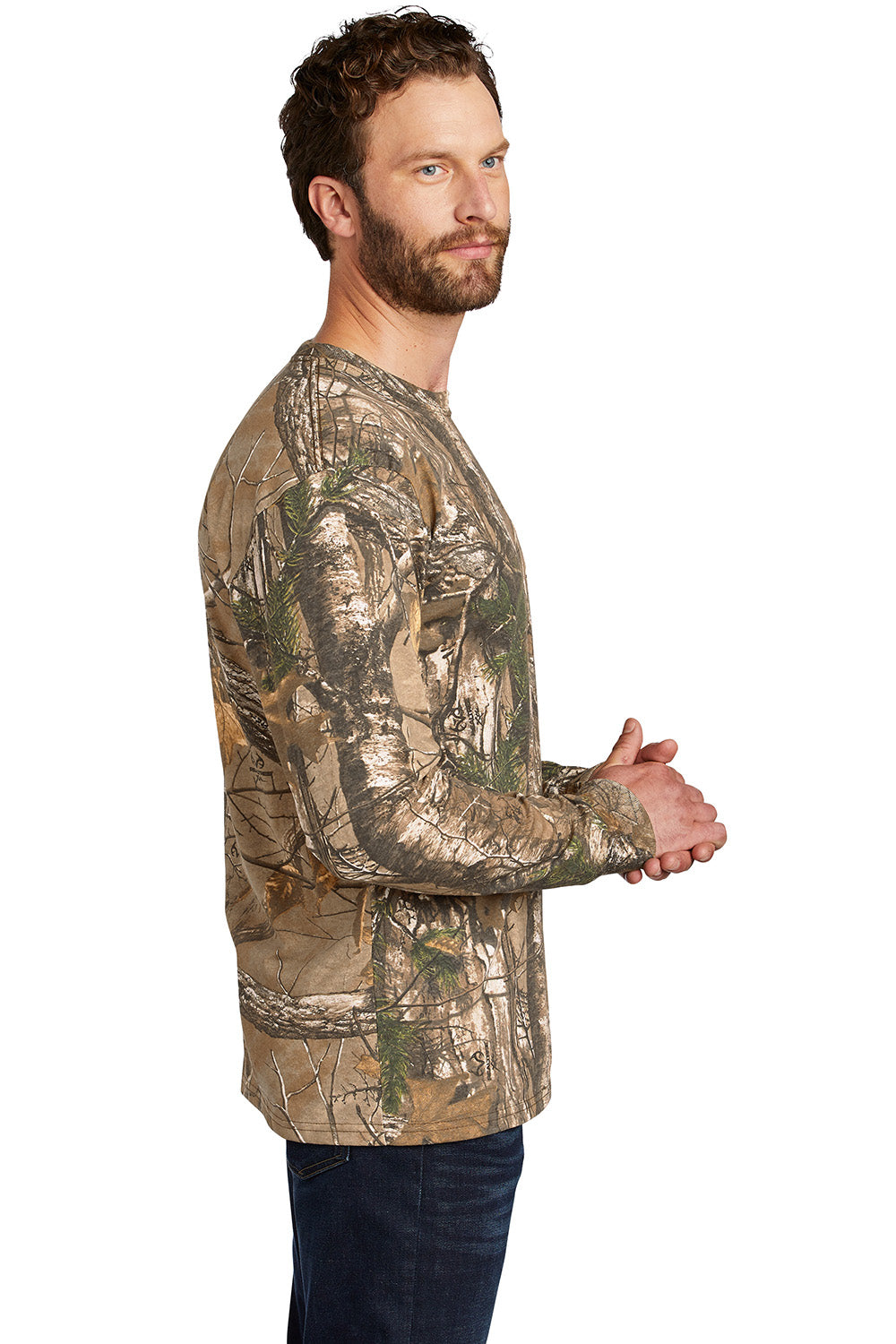 Russell Outdoors S020R Mens Realtree Explorer Long Sleeve Crewneck T-Shirt w/ Pocket Realtree Xtra Camo Model Side