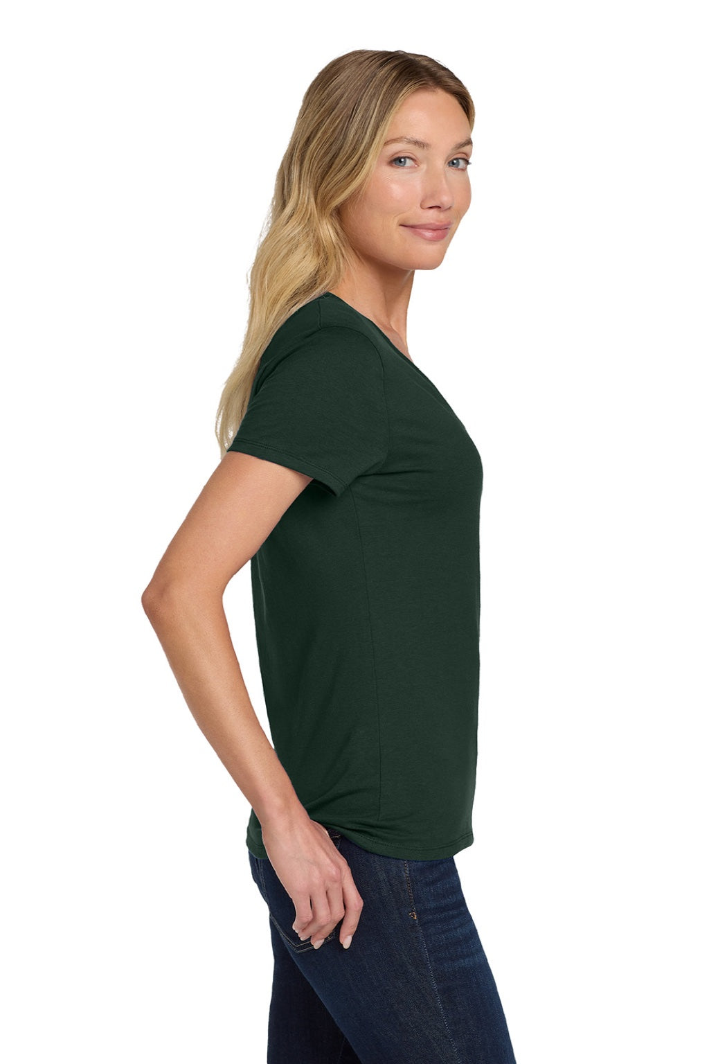 Hanes S04V Womens Perfect-T Short Sleeve V-Neck T-Shirt Deep Forest Green Model Side