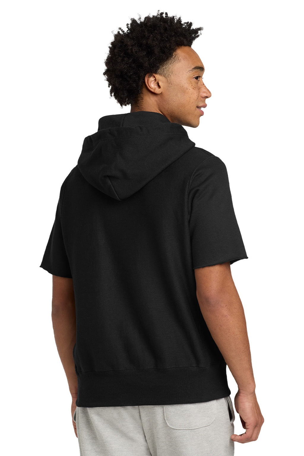 Champion S101SS Mens Reverse Weave Short Sleeve Hooded Sweatshirt Hoodie W/ Pouch Pocket Black Model Back