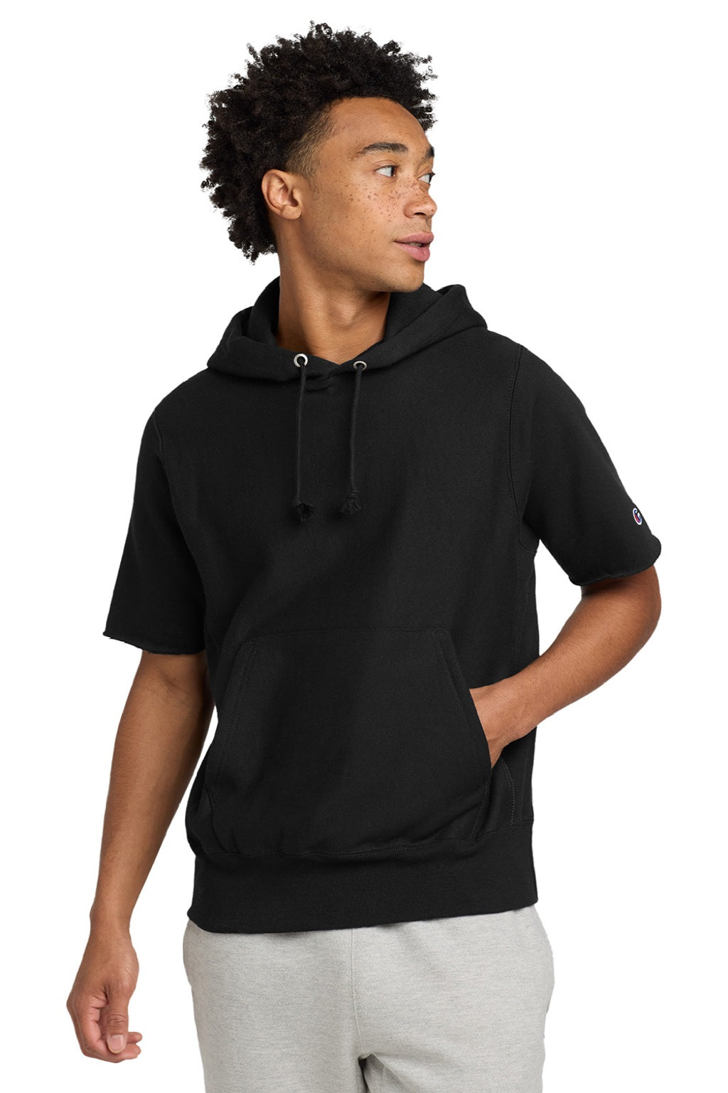 Champion S101SS Mens Reverse Weave Short Sleeve Hooded Sweatshirt Hoodie W/ Pouch Pocket Black Model Front