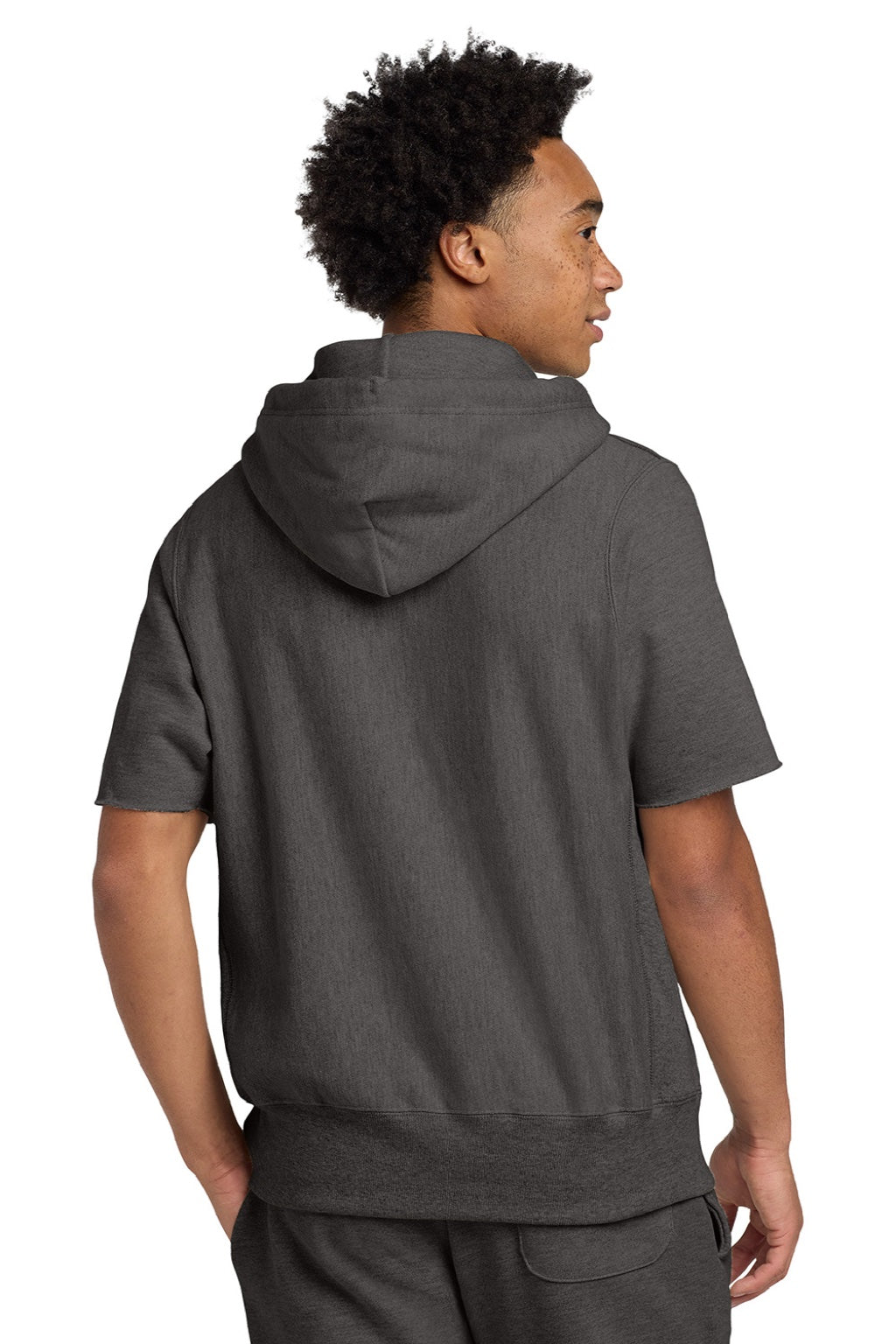 Champion S101SS Mens Reverse Weave Short Sleeve Hooded Sweatshirt Hoodie W/ Pouch Pocket Heather Charcoal Grey Model Back