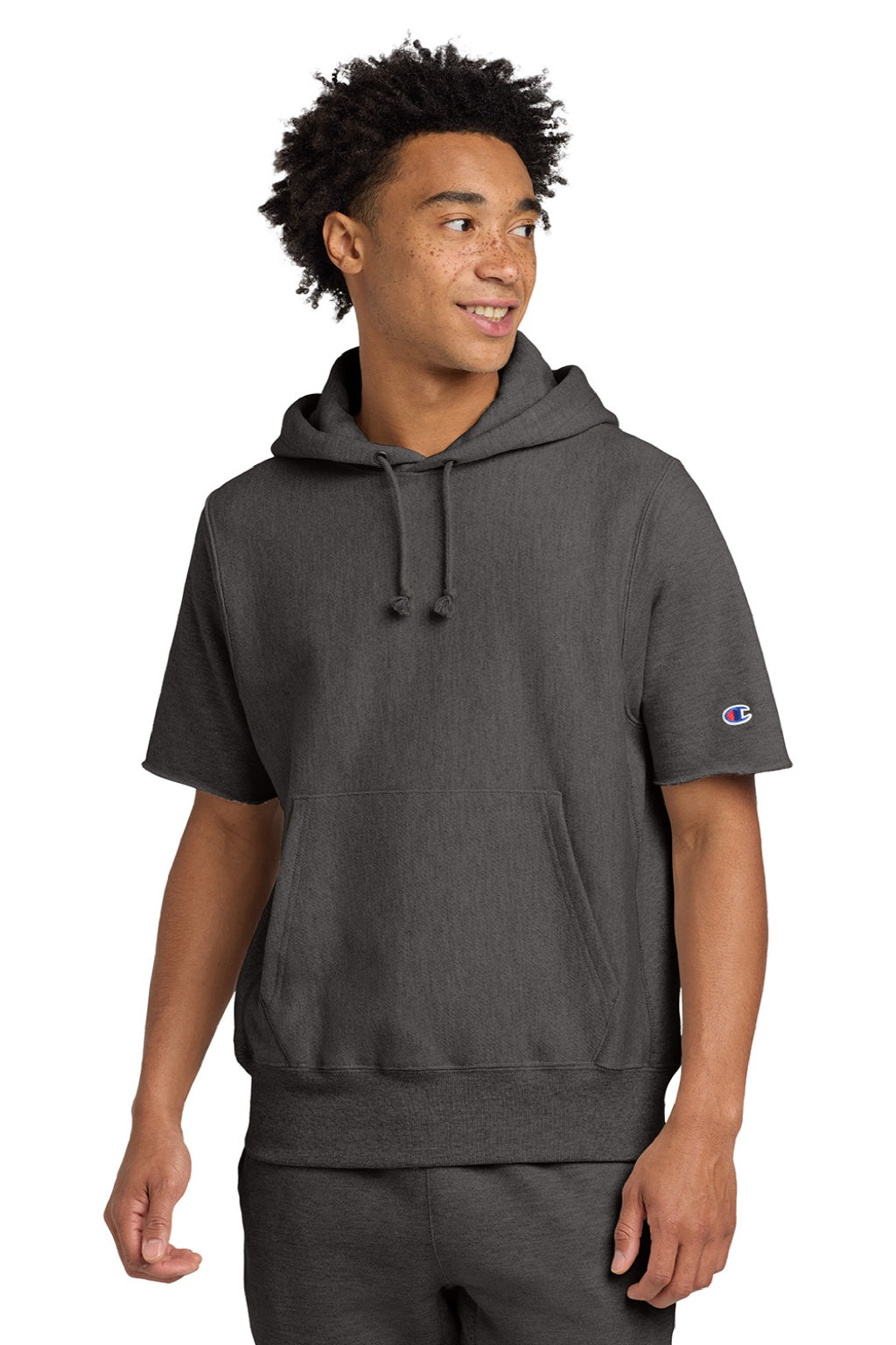 Champion S101SS Mens Reverse Weave Short Sleeve Hooded Sweatshirt Hoodie W/ Pouch Pocket Heather Charcoal Grey Model Front