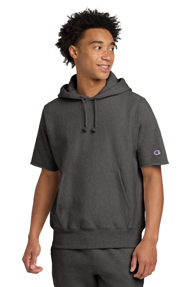 Champion S101SS Mens Reverse Weave Short Sleeve Hooded Sweatshirt Hoodie W/ Pouch Pocket Heather Charcoal Grey Model Front