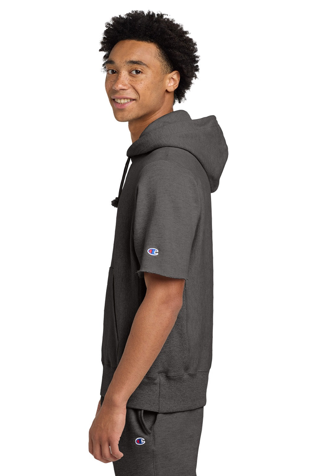 Champion S101SS Mens Reverse Weave Short Sleeve Hooded Sweatshirt Hoodie W/ Pouch Pocket Heather Charcoal Grey Model Side
