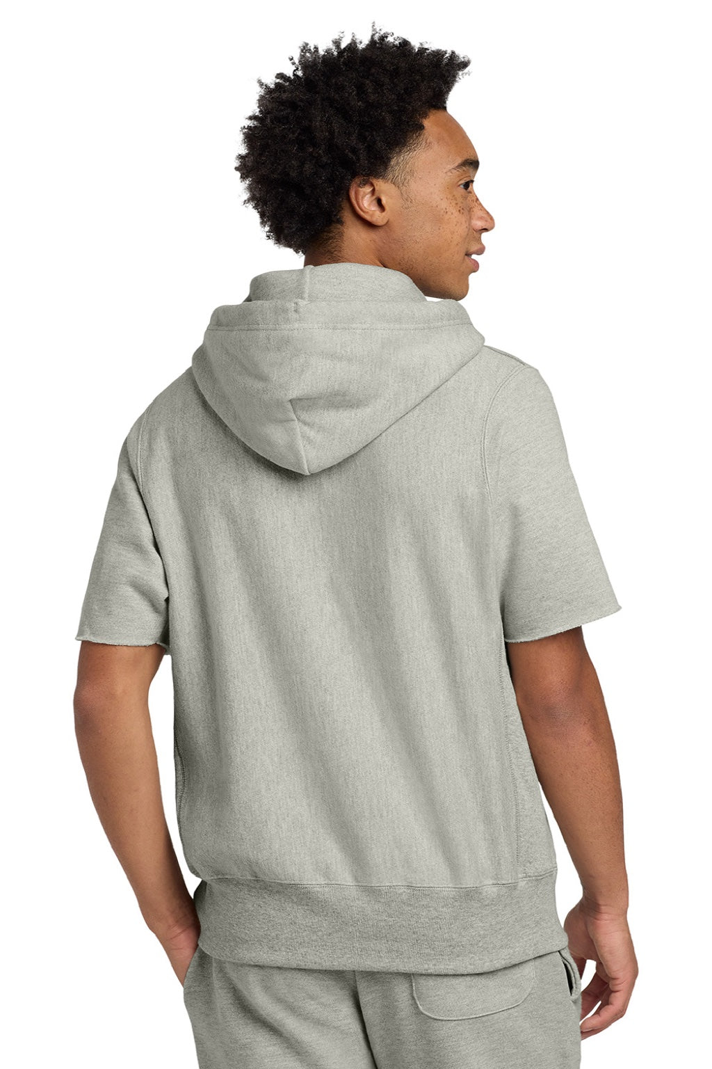 Champion S101SS Mens Reverse Weave Short Sleeve Hooded Sweatshirt Hoodie W/ Pouch Pocket Oxford Grey Model Back