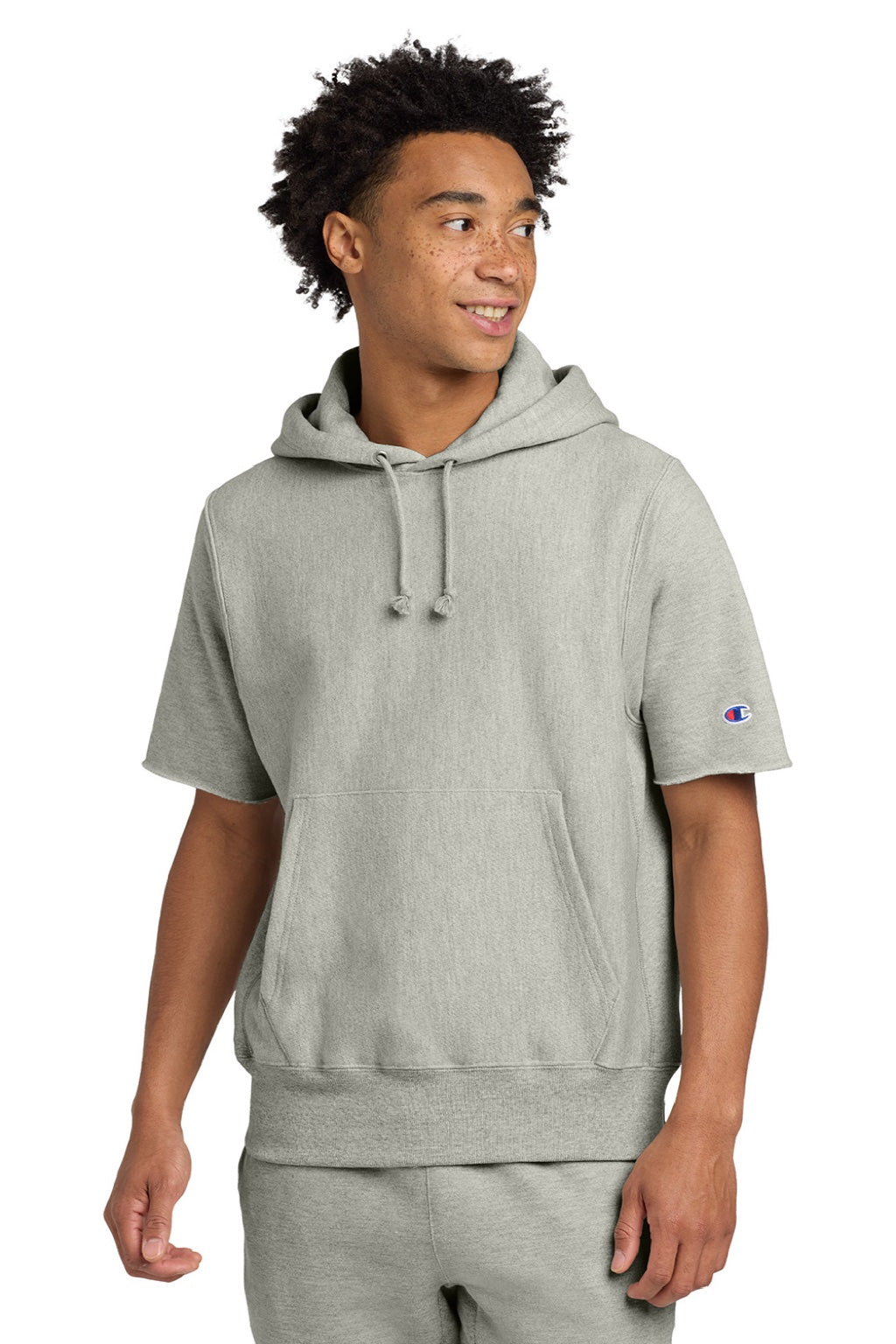 Champion S101SS Mens Reverse Weave Short Sleeve Hooded Sweatshirt Hoodie W/ Pouch Pocket Oxford Grey Model Front