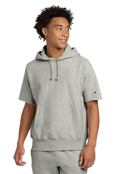 Champion S101SS Mens Reverse Weave Short Sleeve Hooded Sweatshirt Hoodie W/ Pouch Pocket Oxford Grey Model Front