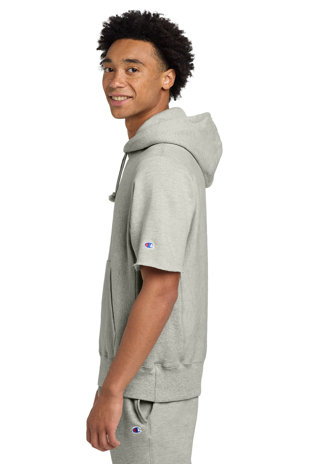 Champion S101SS Mens Reverse Weave Short Sleeve Hooded Sweatshirt Hoodie W/ Pouch Pocket Oxford Grey Model Side
