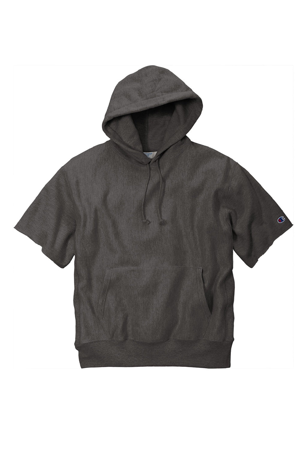 Champion S101SS Mens Reverse Weave Short Sleeve Hooded Sweatshirt Hoodie W/ Pouch Pocket Heather Charcoal Grey Flat Front