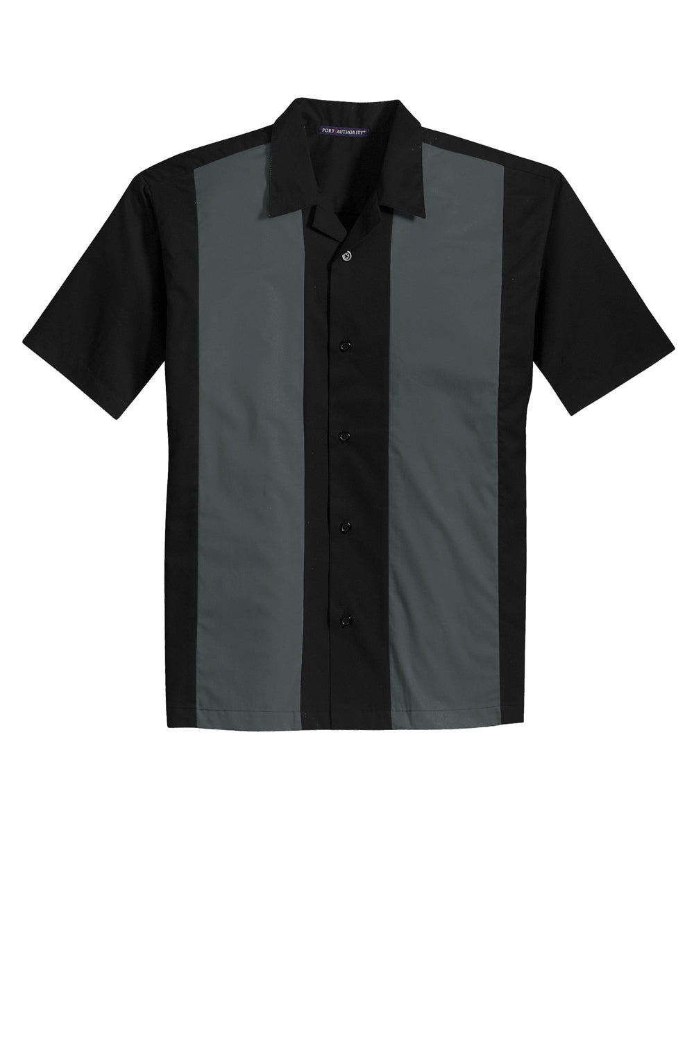 Port Authority S300 Mens Retro Easy Care Wrinkle Resistant Short Sleeve Button Down Camp Shirt Black/Steel Grey Flat Front