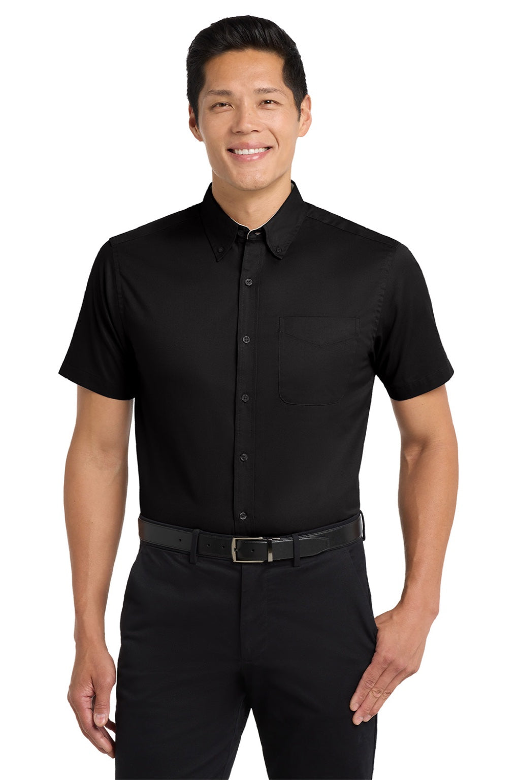 Port Authority S508/TLS508 Mens Easy Care Wrinkle Resistant Short Sleeve Button Down Shirt w/ Pocket Black/Light Stone Model Front