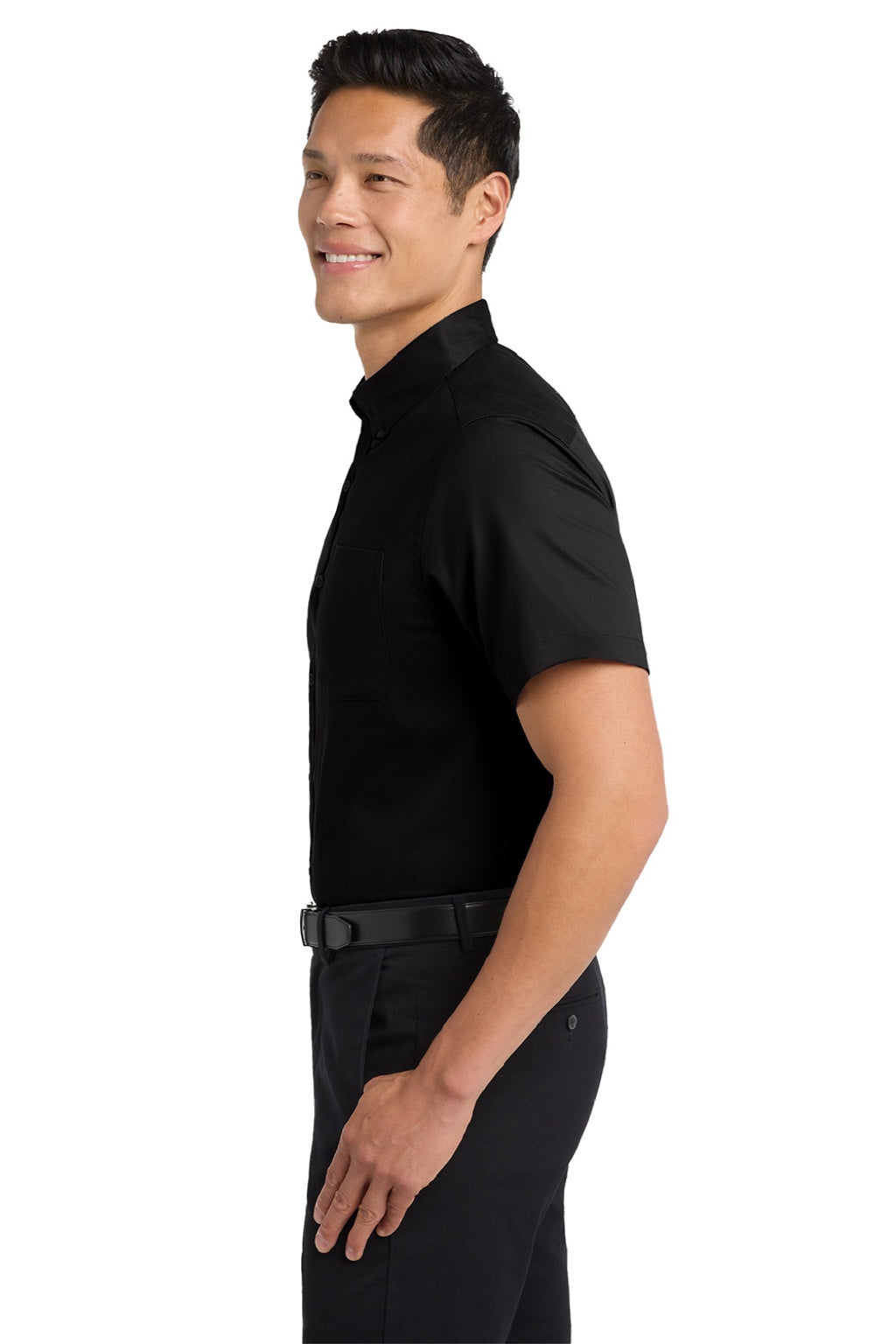 Port Authority S508/TLS508 Mens Easy Care Wrinkle Resistant Short Sleeve Button Down Shirt w/ Pocket Black/Light Stone Model Side